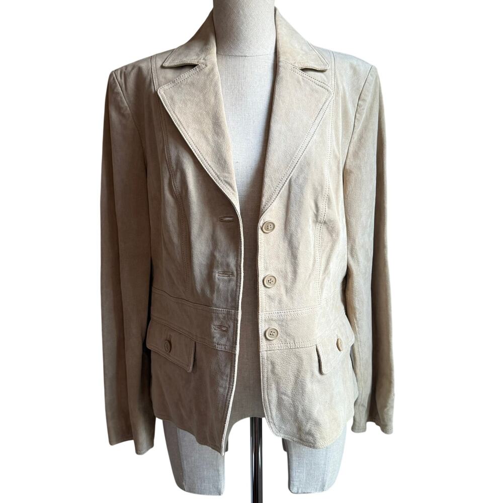St. Johns Bay Camel Suede Leather Blazer Jacket Womens Large NWT